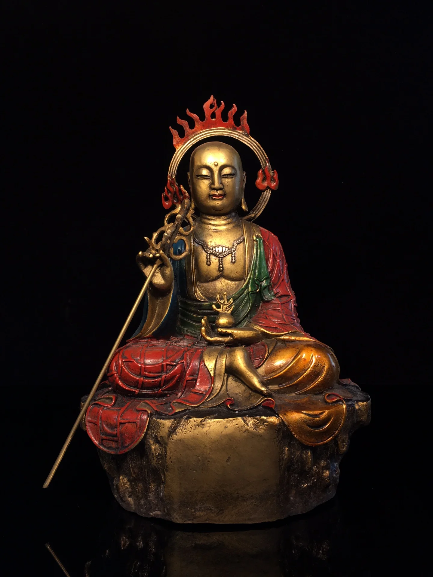 Old Exquisitely Crafted Painted Copper Statue of Ksitigarbha Bodhisattva, Free shipping