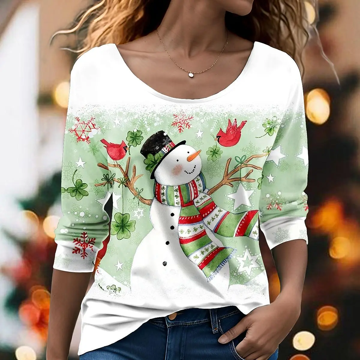 Christmas Women\'s Long Sleeve T shirt Tee Snowman 3D Print  Festival Holiday Funny O-Neck Regular Fit Spring/Fall Sweatshirt