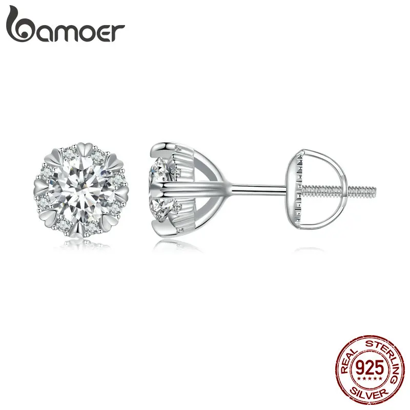 

Женские серьги-гвоздики BAMOER, покрытые платиной, серьги с муассанитом, восемь сердечных когтей