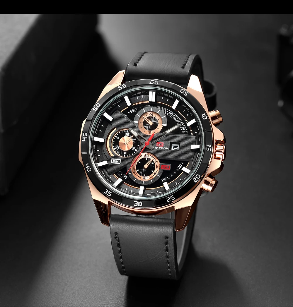 Men Sports Racing Series Watch 46mm Black Leather Strap Calendar Luminous Waterproof Quartz Wristwatch Everyday Wear Masculino