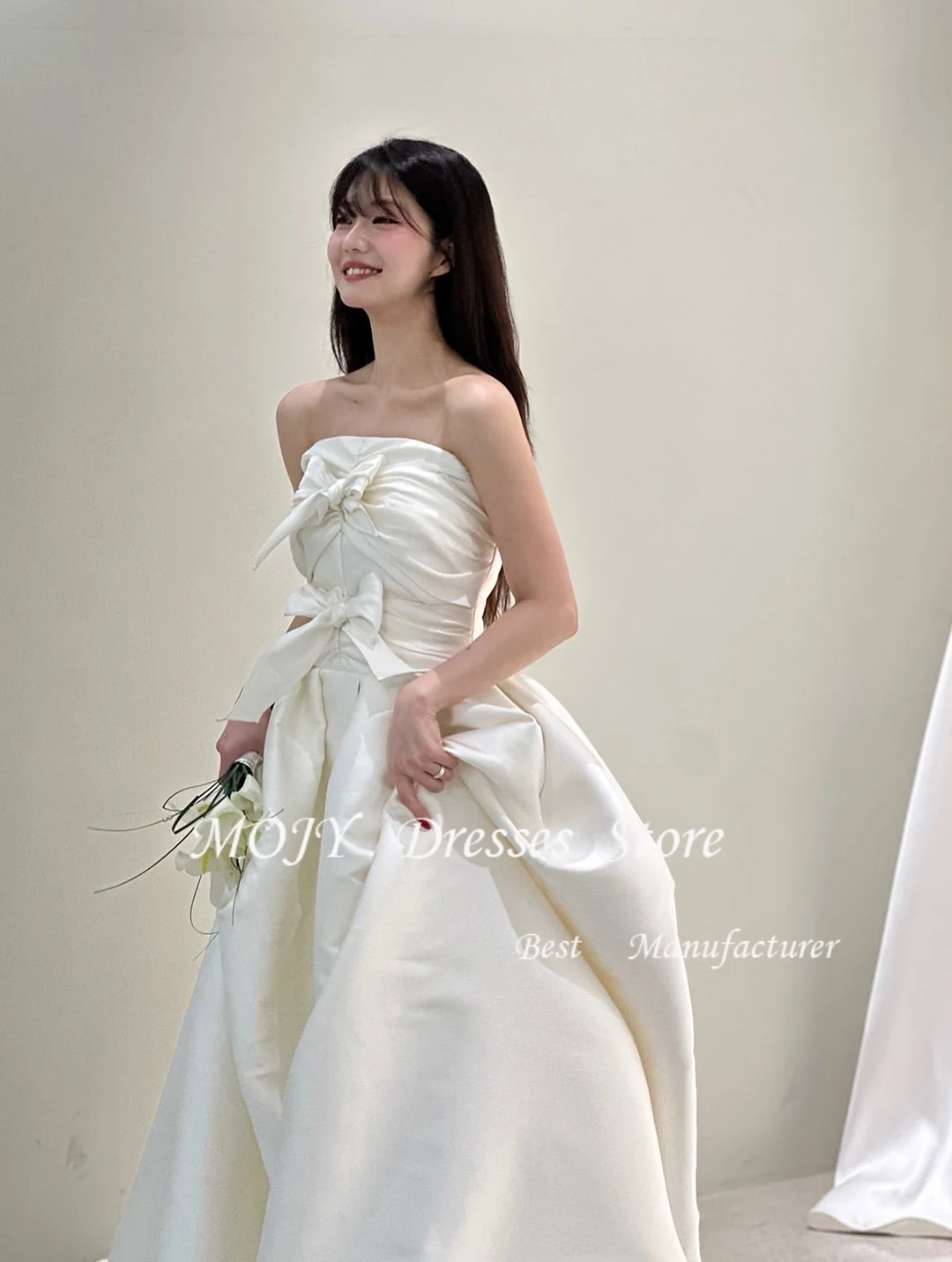 모지 코리아 A라인 민소매 새틴 웨딩드레스 코르셋 심플 아이보리 맞춤 예쁜 신부 드레스 스트랩리스