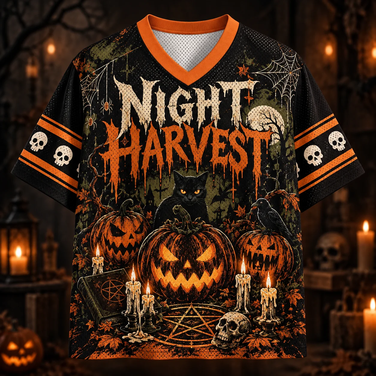 Halloween Night Harvest 13 Mesh Jersey, Spooky Black Cat Raven Pumpkin Skull Candle V‑Neck Short Sleeve, Dark Gothic Oversized