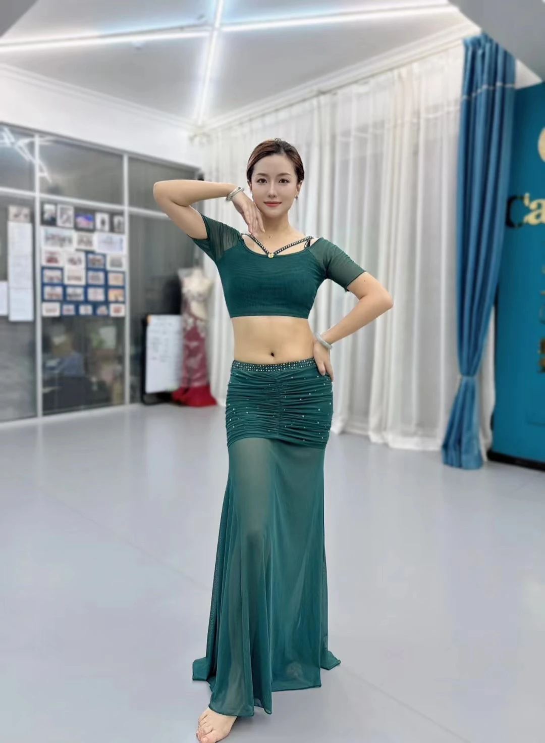 2024 Belly Dance Practice Set Short Sleeve Top+Sexy Long Skirt 2pcs Women's Oriental Dance Professional Training Costume