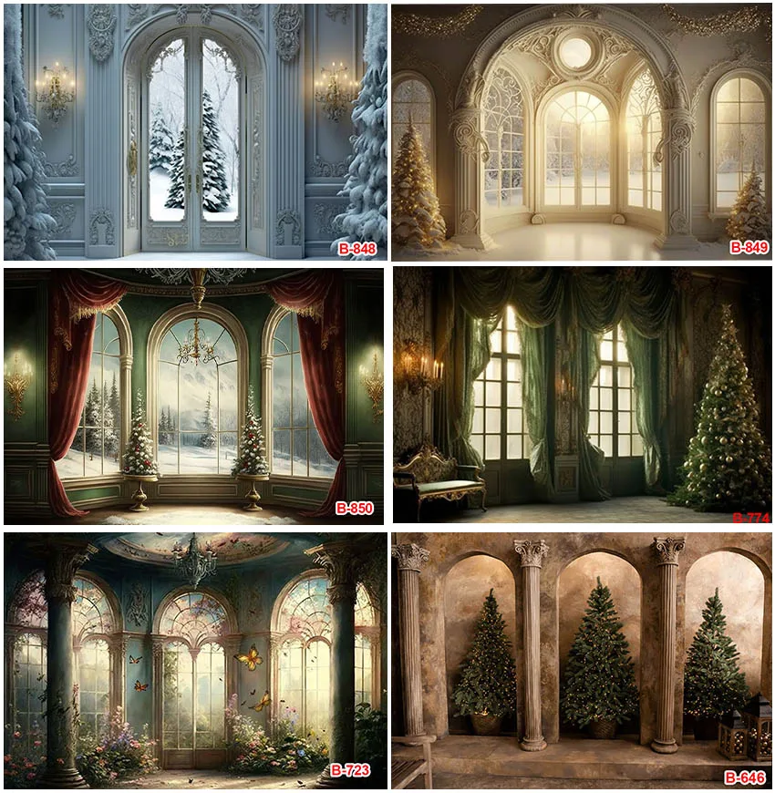 Winter Snow Christmas Xmas Trees Backdrops Castle Window Elegant Backgrounds Kids Adult Portrait Banner Photo Shoot Photography