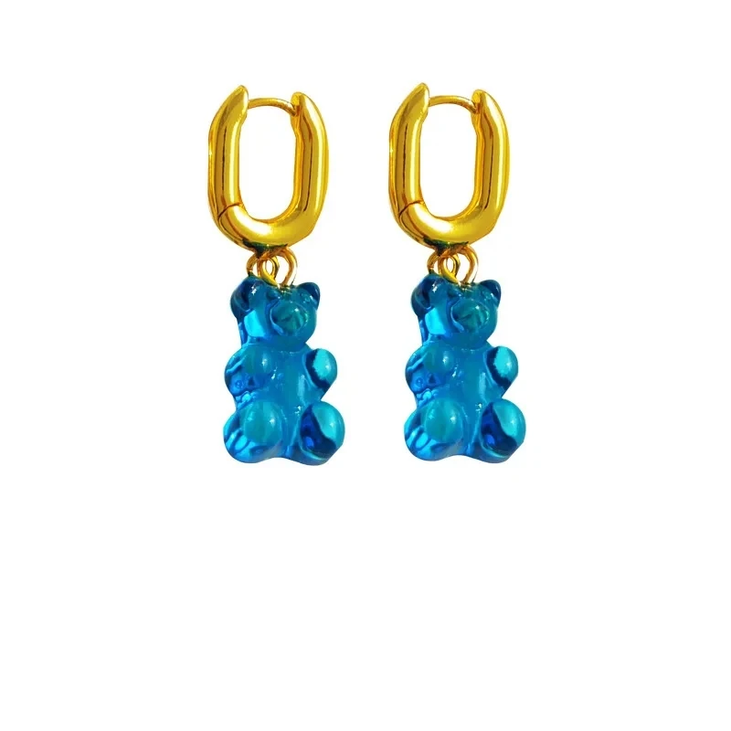 Modern Jewelry Cute style Cartoon Little Bear Blue Green Transparent Resin Drop Earrings For Women Fashion Accessories