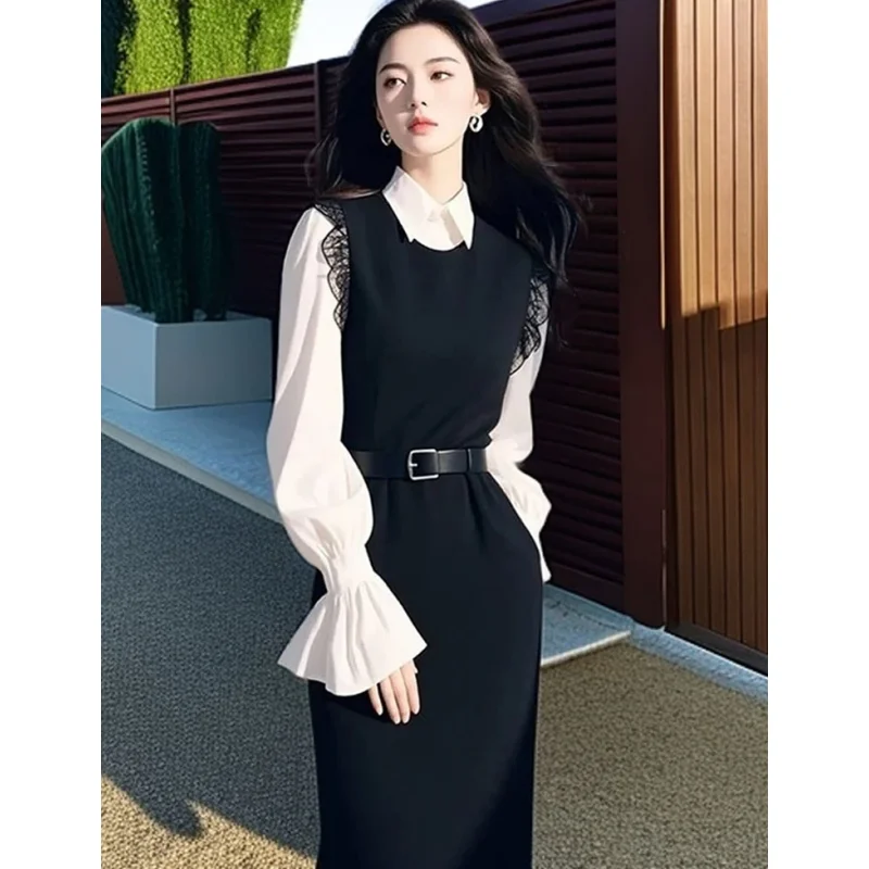 

Women French Graceful Flare Sleeve Shirt Tank Dress Two Piece Suit Spring Autumn Office Lady White Blouse Sleeveless Dresses Set