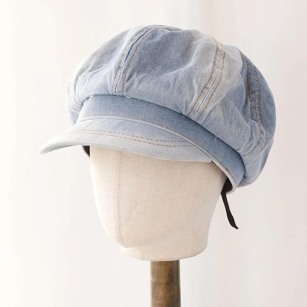 Berretto ottagonale da donna Cappello da strillone Denim Protezione solare Primavera Autunno Casual Accessorio streetwear per viaggi all'aperto