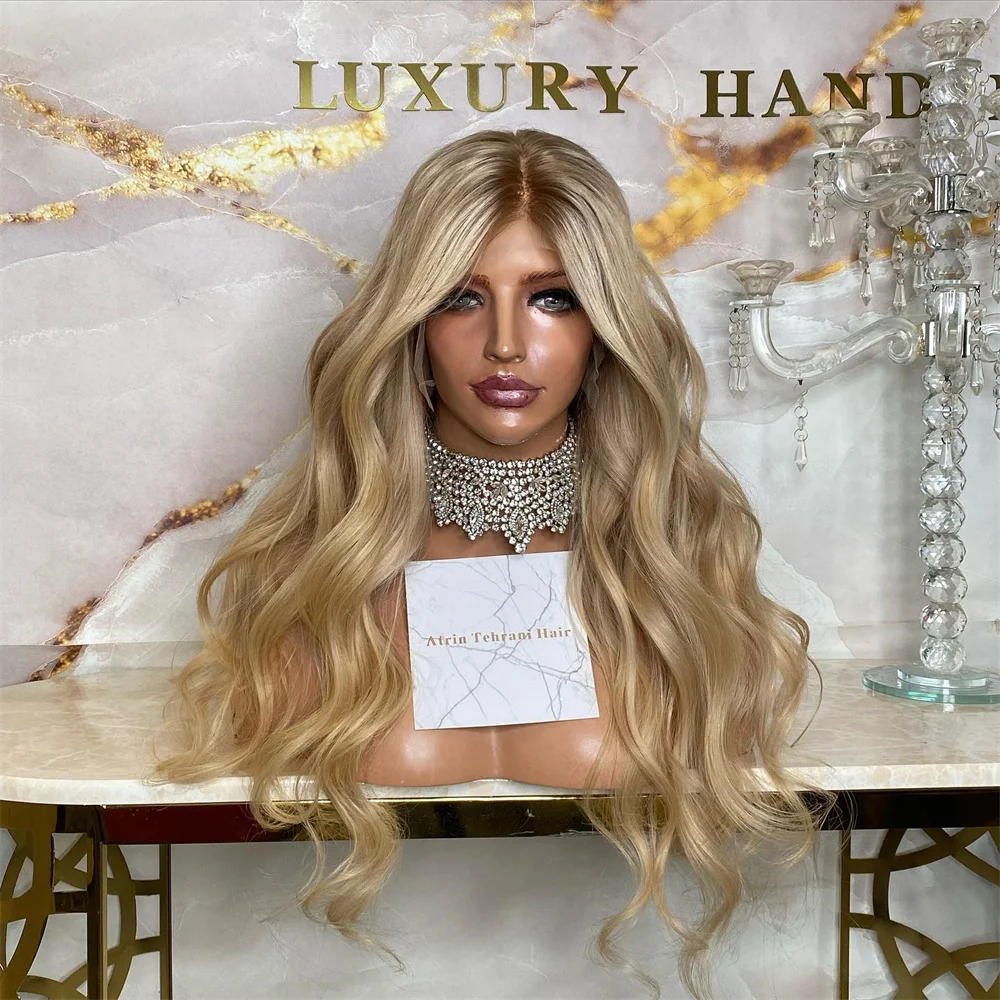 HD Lace Wig Body Wave Lace Front Wigs Warm Blonde Synthetic Glueless Wig Heat Resistant Fibre For Women Realistic Look Dark Root