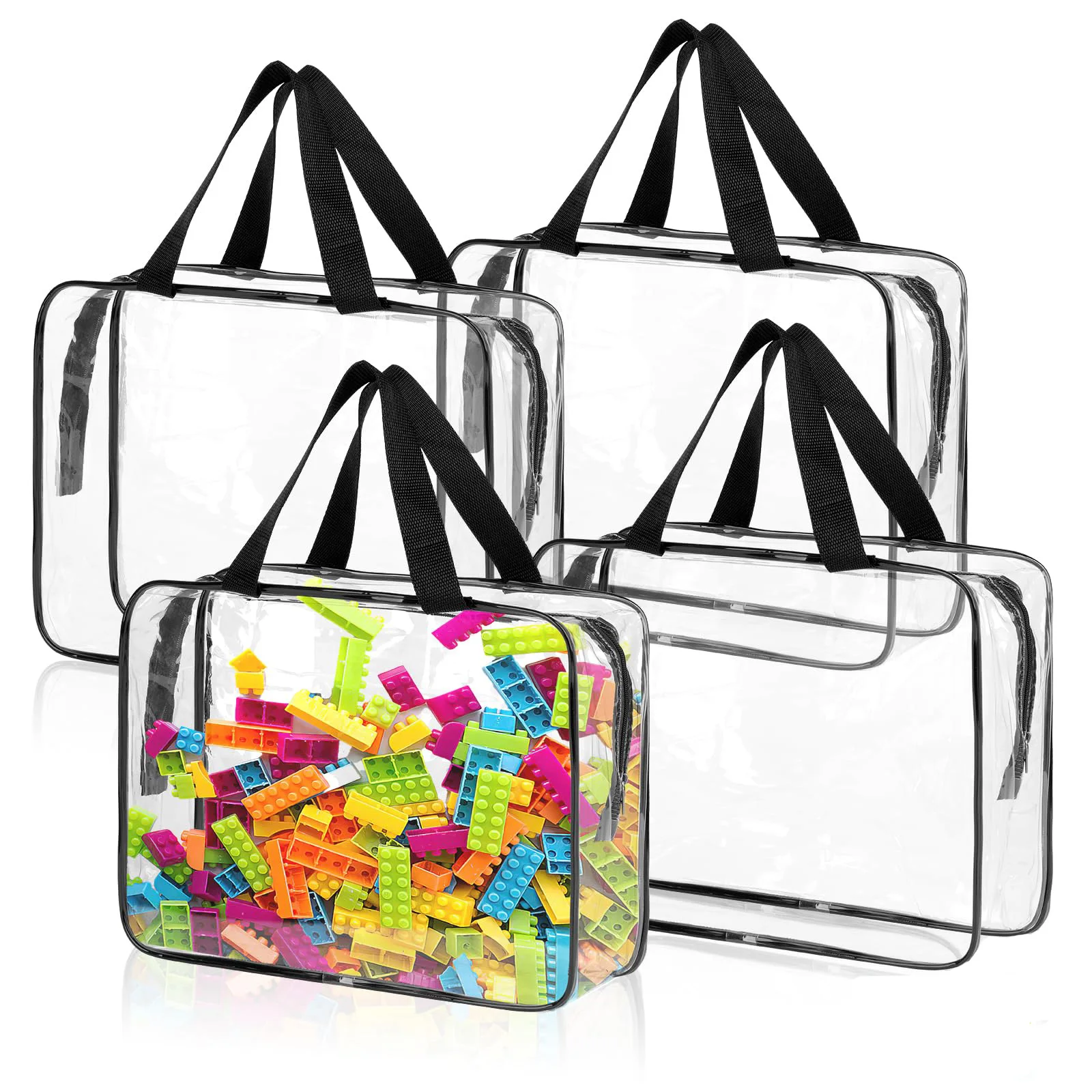 

4 packs of toy storage bags, transparent PVC toy tissue bag with zipper, large black waterproof reusable toy bag for toy storage