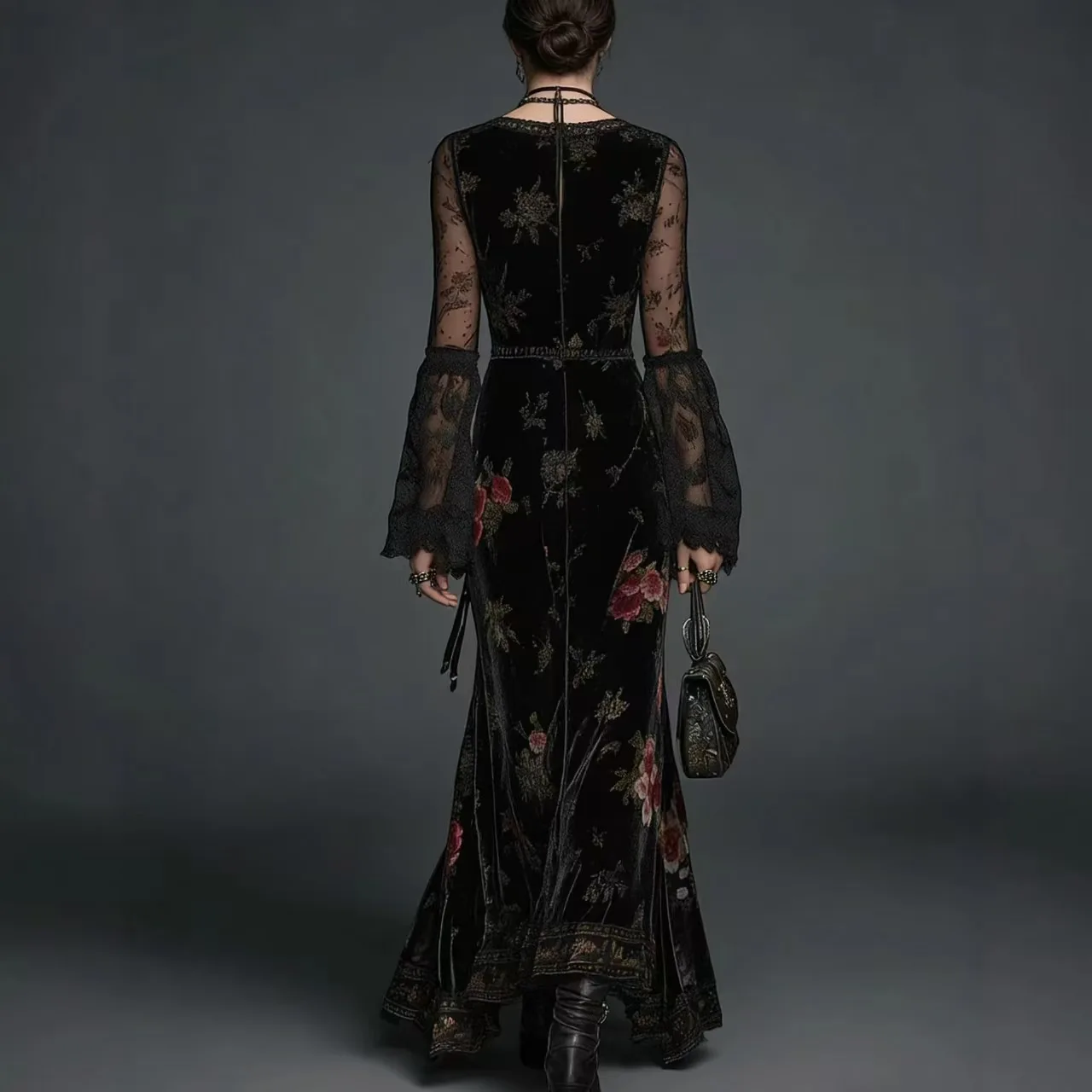 Retro Floral Print Velvet Long Dresses Woman Sexy V Neck Lace Spliced High Waist Evening Dress Autumn Long Sleeve Maxi Dress