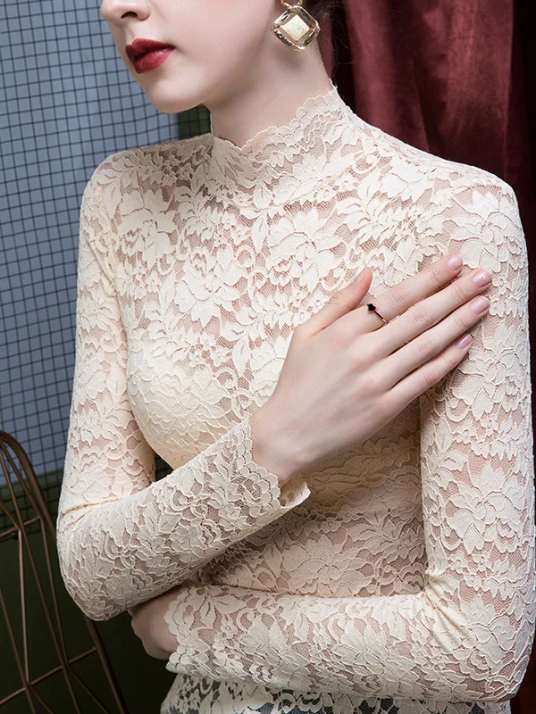

Модный кружевной топ с высоким воротником для женщин, облегающий, длинный рукав, весенняя базовая одежда, универсальный топ с воротником-стойкой