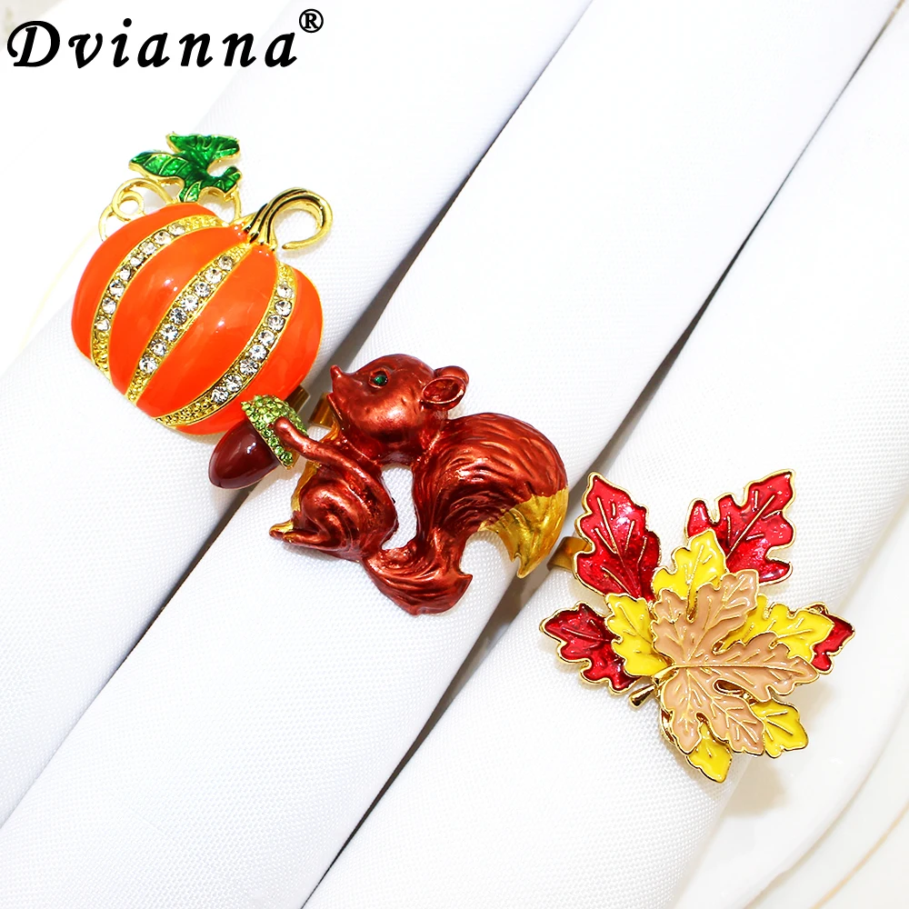 6Pcs Squirrel Pine Cone Napkin Rings Animal Maple Leaf Pumpkin Napkin Holder for Fall Themed Party Dinning Table Decor HWH113