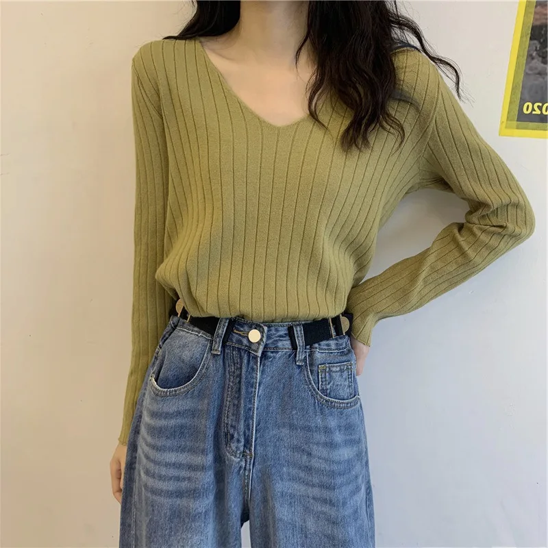 

Casual V-neck Pullover Knit Sweater Women Fashion Autumn Long Sleeve Tops Korean Style Elegant Solid Spring Knitwear T-shirt