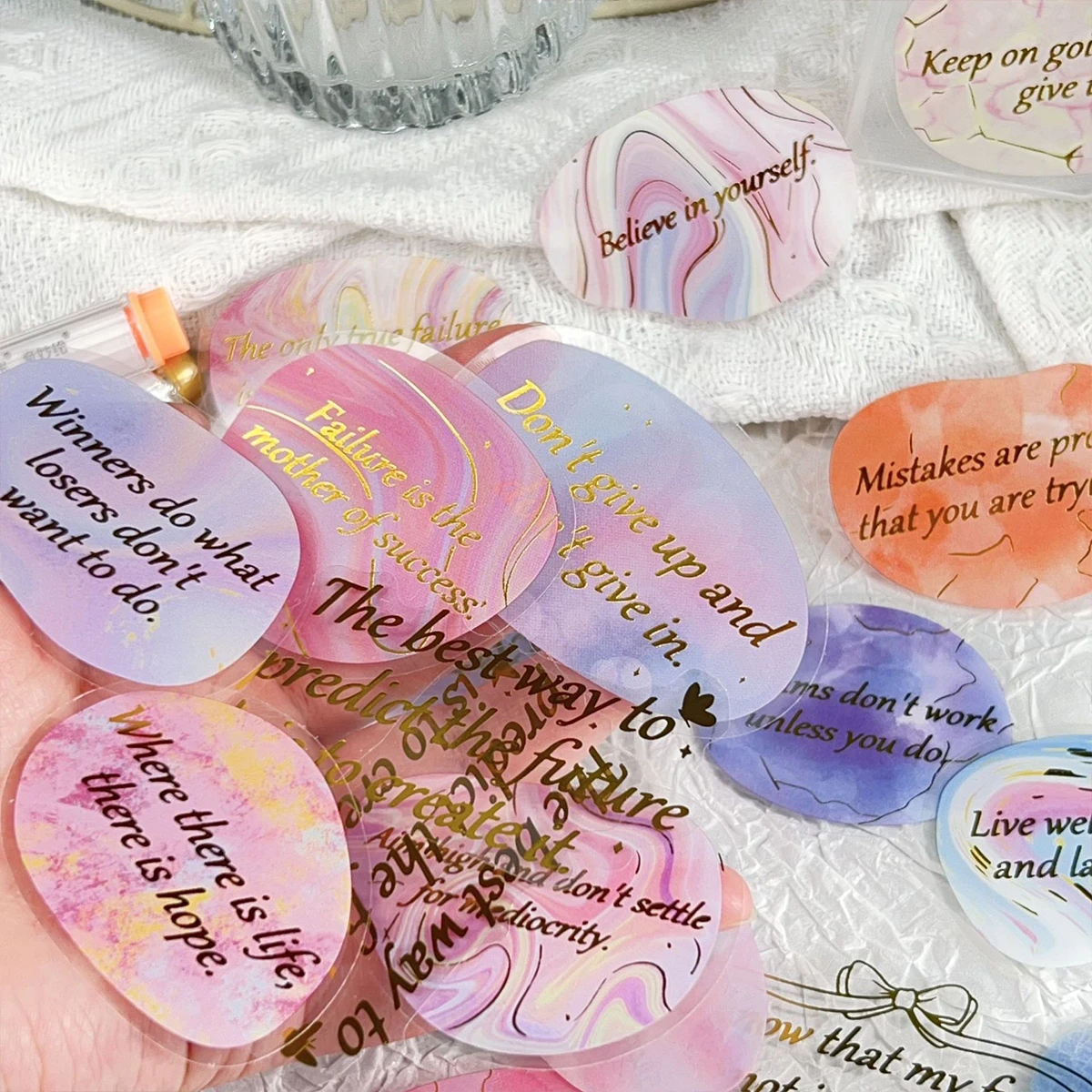 50 Pieces of Dreamy Gradient Stickers with Gold-Stamped English Text and Patterns, Decorative Material Stickers Suitable for Journaling and Phone Case DIY