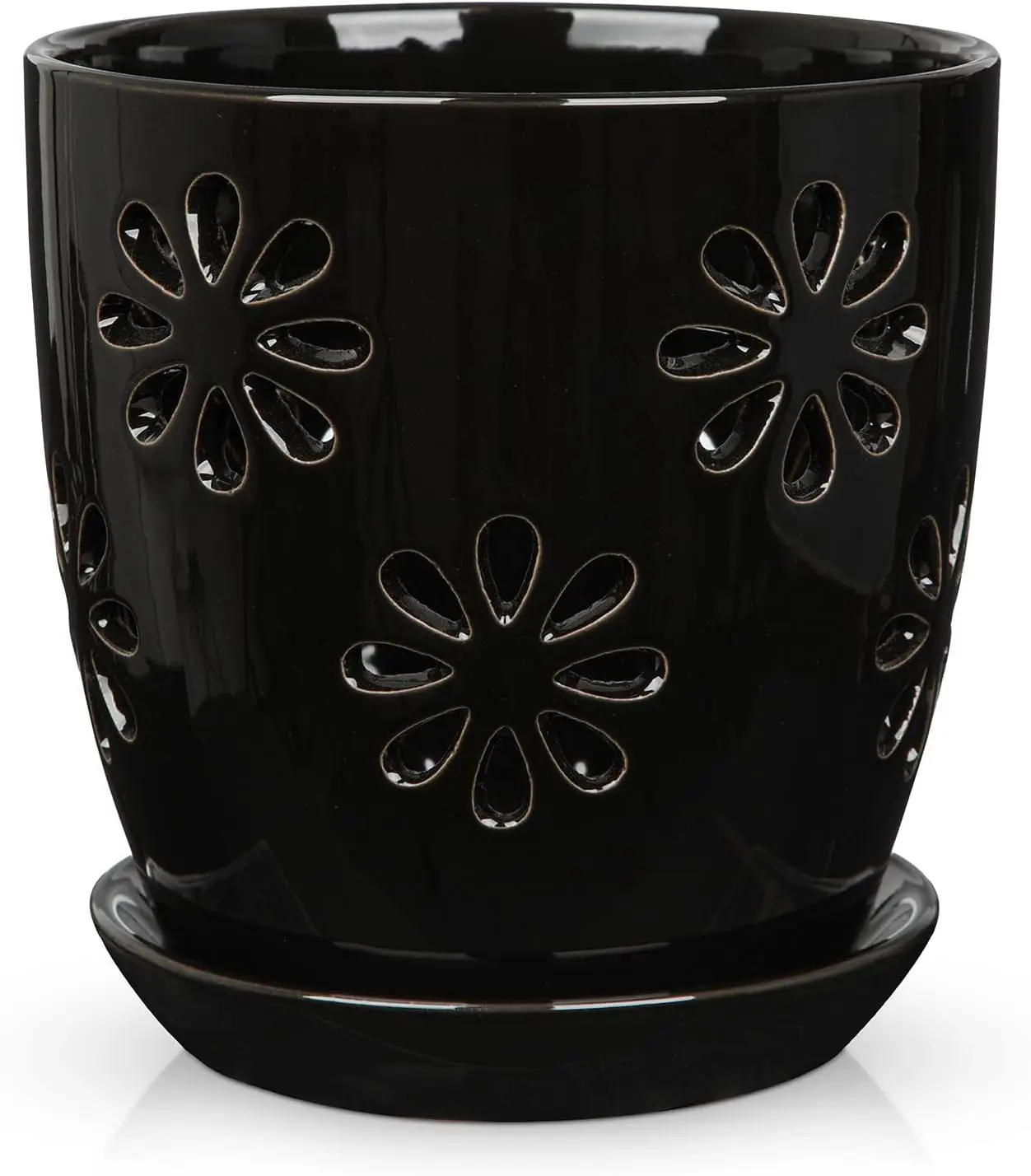 

6-дюймовые горшки для орхидей с отверстиями, черные керамические горшки для орхидей для пересадки небольших комнатных растений с дренажными отверстиями и поддонами.