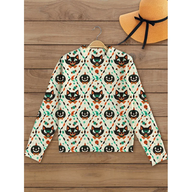 

Seasonless versatile women's knitted pullover sweater with all-over print featuring 3D Halloween pumpkin and black cat designs,