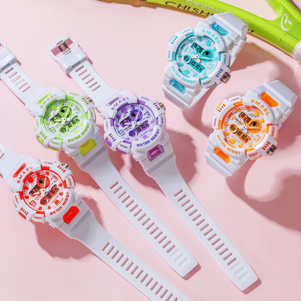 SMAEL-relojes deportivos a la moda para mujer, pulsera multifuncional LED Digital de cuarzo, resistente al agua, color blanco