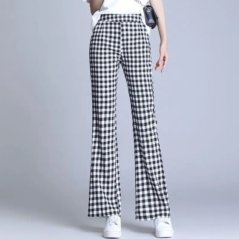 

Korean Fashion Thin Plaid Flare Pants Spring Summer High Waist Elastic Pockets Women Clothing Office Casual Wide Leg Trousers