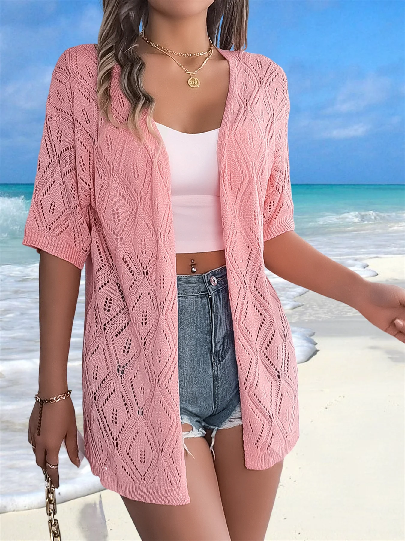 Crochet Tops for Women Summer Lightweight Short Sleeve Knit Sweater Cardigan Loose Soft Drape Open Front Beach Shirt Coverups