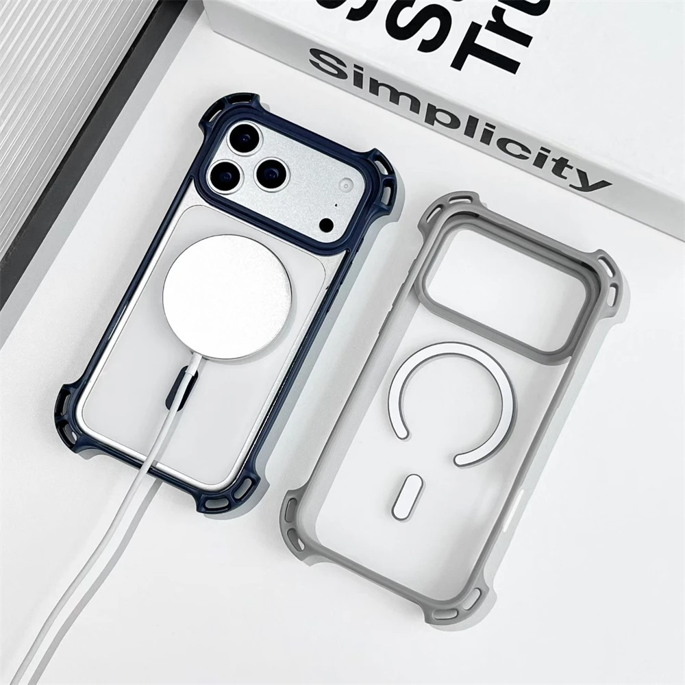 Vier-Ecken-Anti-Fall-Magnet-Acryl-Hülle für iPhone 17, 16, 15, 14, 13, 12, Pro Max Plus, transparent, für Magsafe Wireless Charge Cover