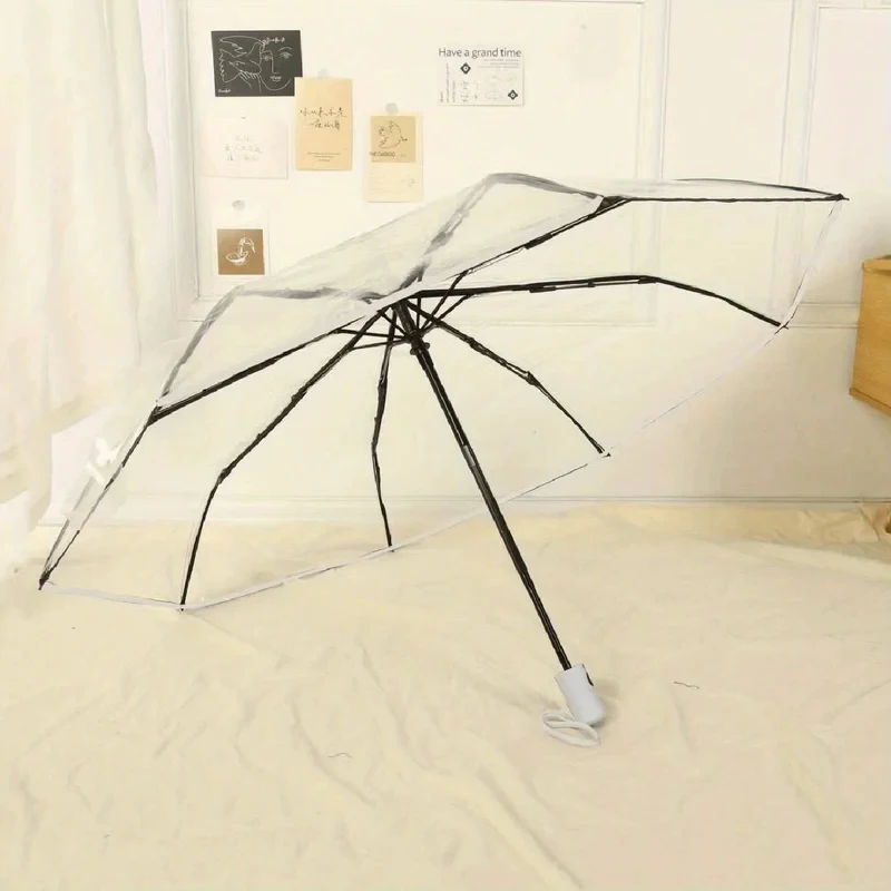 Triple Folding Automatic Transparent Umbrella, Clear Cover with Excellent Visibility, Windproof Large Coverage Portable Umbrella