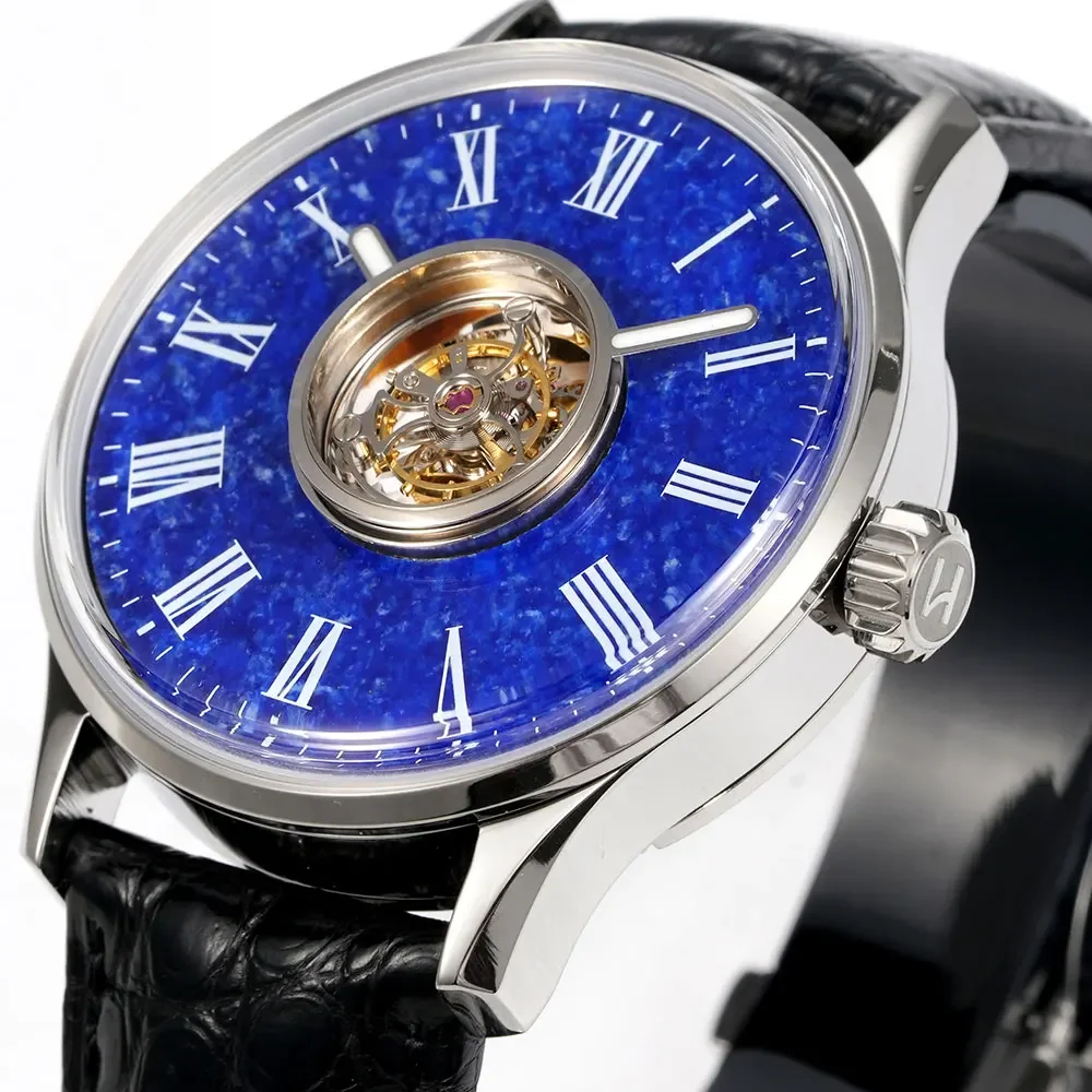 HUASUO 42mm Tourbillon centrale Orologio meccanico da uomo Pietra preziosa Quadrante cielo stellato Movimento pavone Riserva di carica extra lunga di 5 giorni