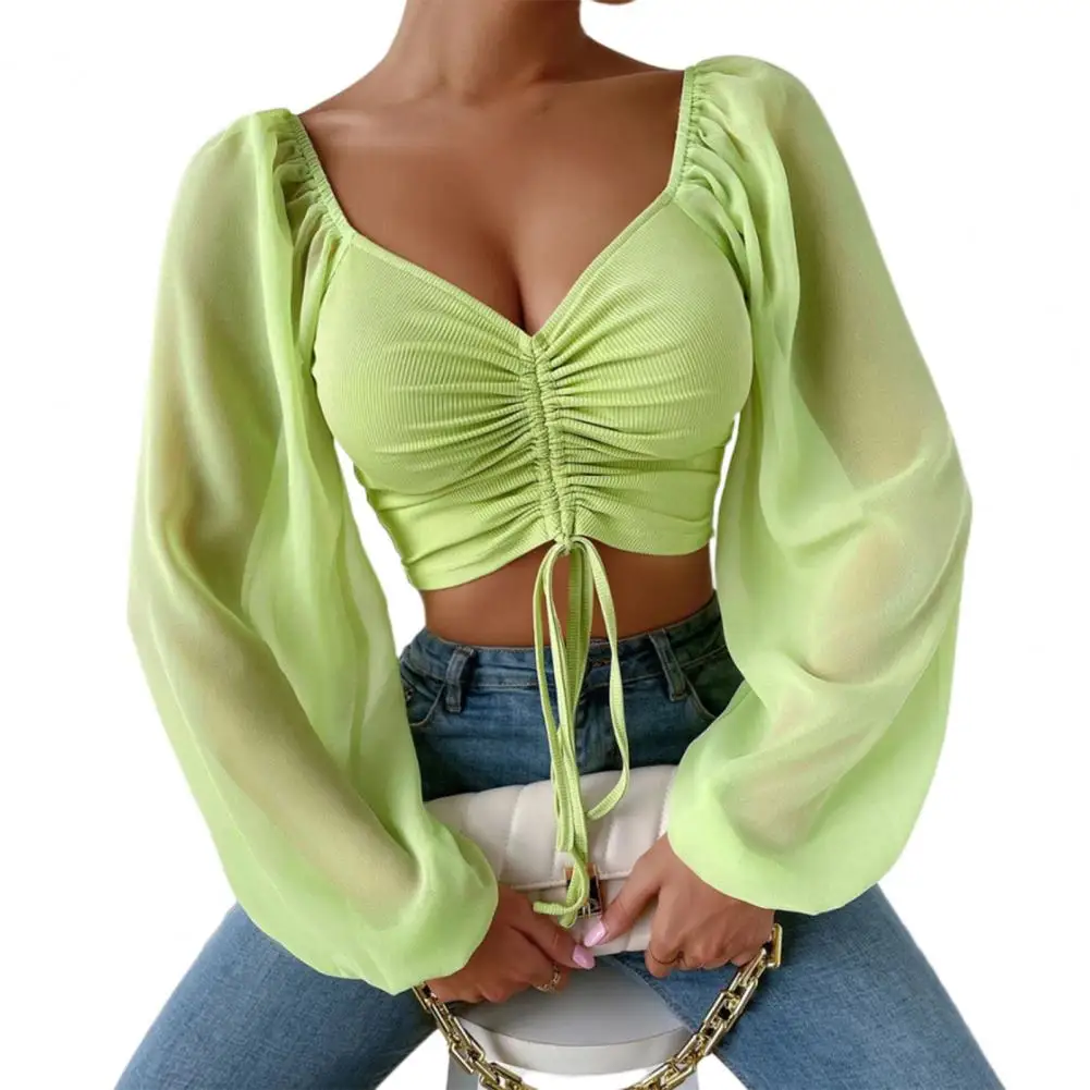 

Woman’s Tops Puff Sleeve Sexy Close-Fitting Summer and Spring Lace up V-neck Fashion Solid Color Simple Long Sleeve Hot