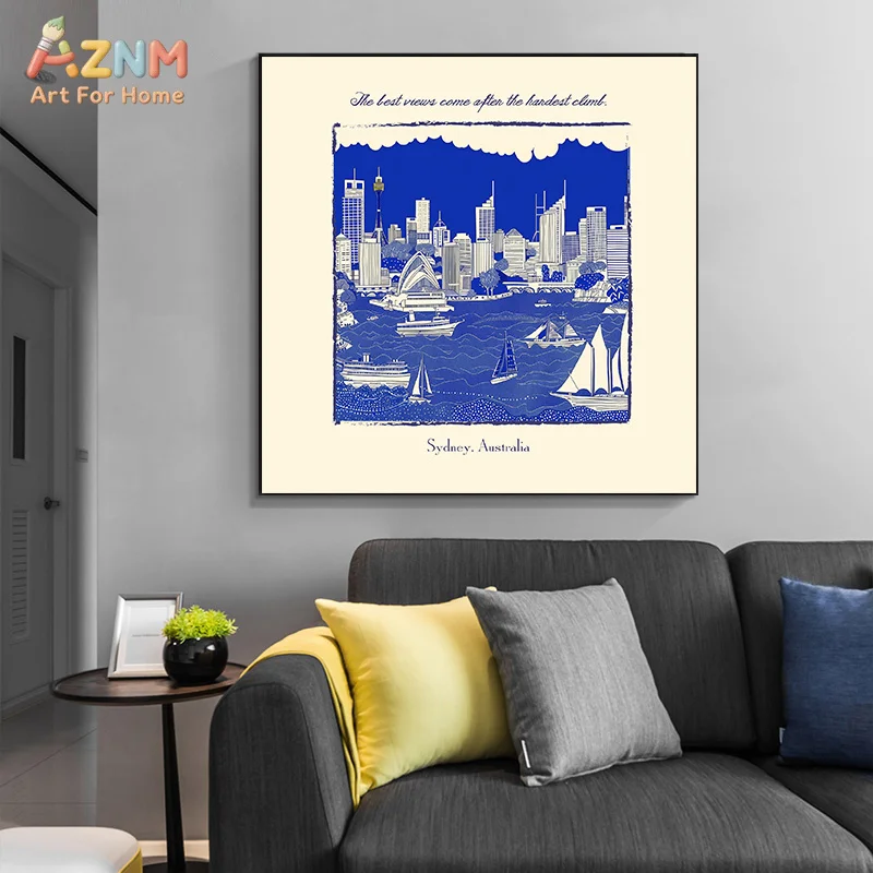 AZNM Global City Landmark Canvas Wall Art Blue White Vintage Travel Illustration Print Living Room Unframed Decor Print