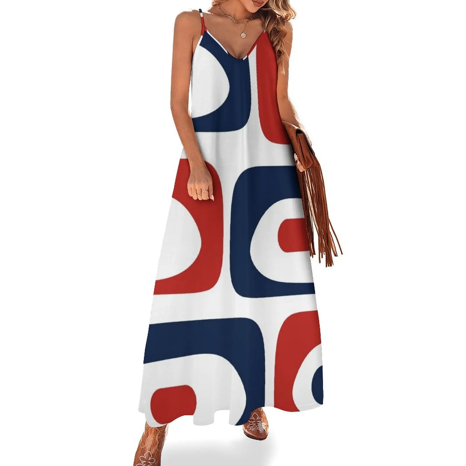 

Mid Century Modern Piquet Minimalist Abstract Pattern in Red, White, and Nautical Navy Blue Sleeveless Dress