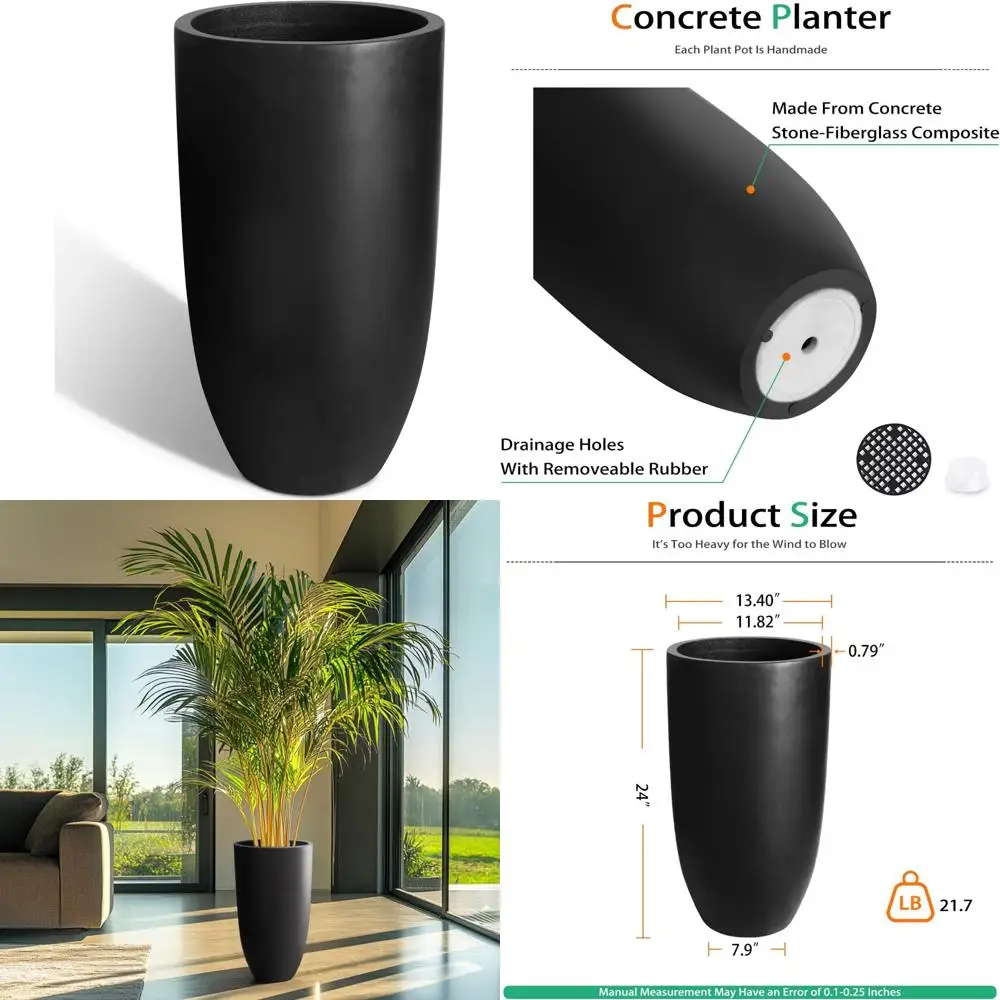 

Large Outdoor Concrete Planters, 24 Inch Tall Flower Pots for Garden, Front Porch, Patio, and Indoor Use - Black
