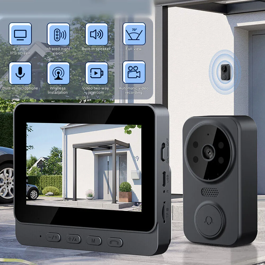 2.4G Wireless WIFI Mode Visual Intercom Doorbell 4.3 Inch IPS Screen BT Interconnect Video Monitoring Intelligent Doorbell