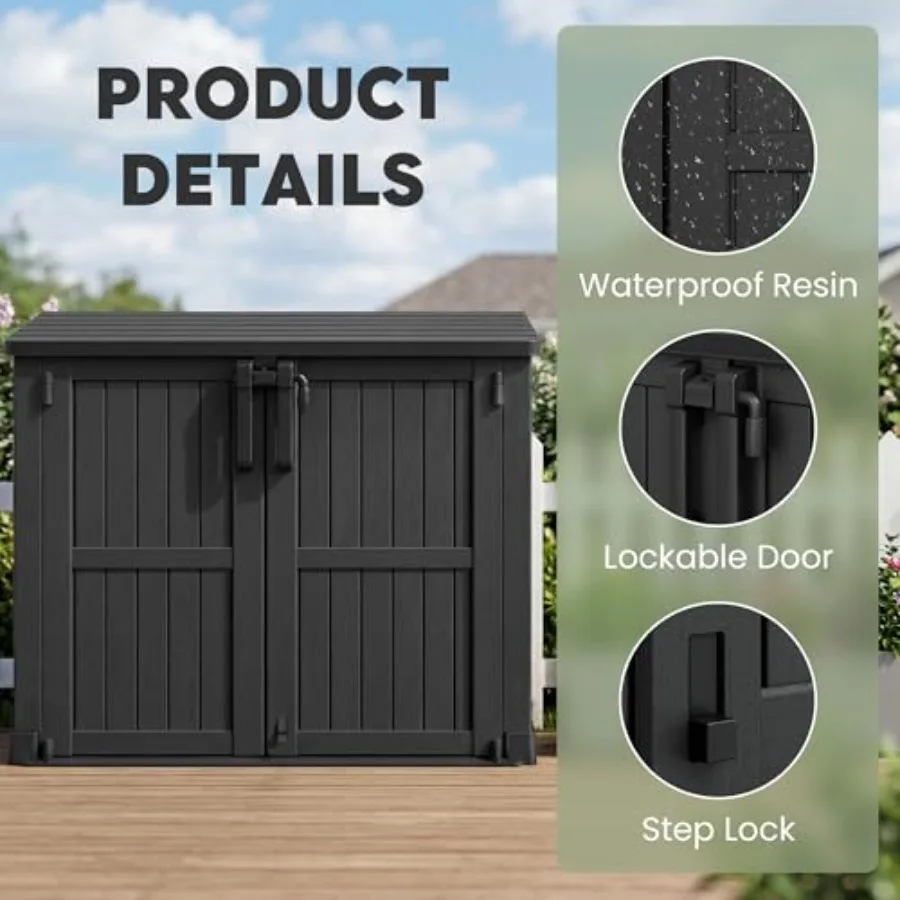 Outdoor storage cabinet for backyards: waterproof resin, gray, 36 cu ft capacity with lockable doors and portable horizontal de
