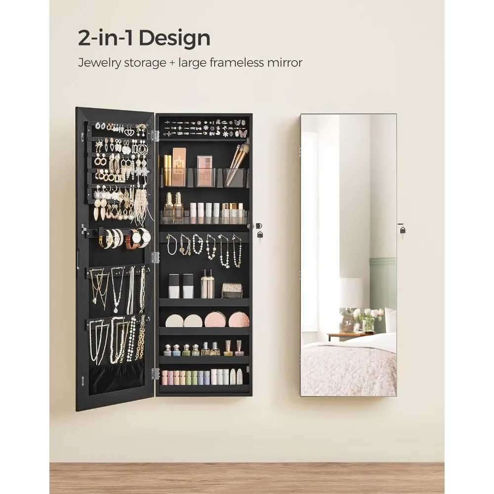 Mirror Jewelry Cabinet Armoire, Wall or Door Mounted Jewelry Storage, Hanging Lockable Frameless with 2 Plastic Organizers