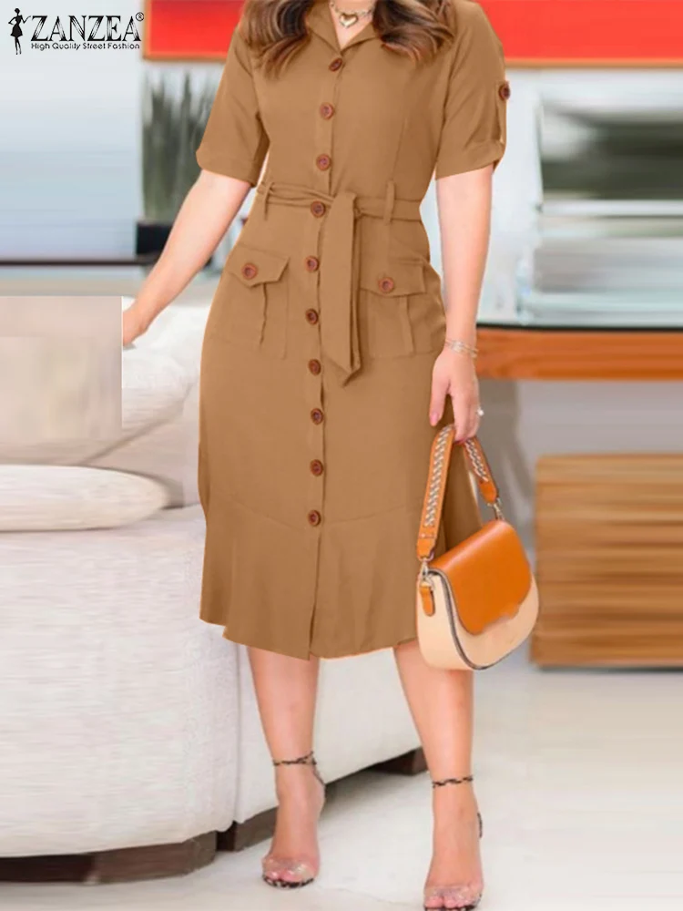 

ZANZEA Elegant Women Shirt Dress Fashion Summer Robe Femme Solid Ruffles Work OL Vestido Lapel Neck Short Sleeve Midi Sundress