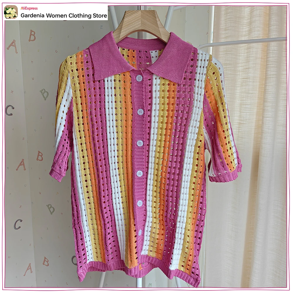 Summer Women 2 Piece Sets Striped Openwork Knit Short Sets Striped Polo Neck Short Sleeves Buttoned Jacket and Drawstring Shorts
