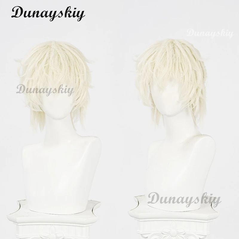 لوكا لوكا شعر مستعار أنيمي الغريبة المرحلة R7 تأثيري الدعامة شعر مستعار قصير الذهبي مجعد الشعر هالوين عيد الميلاد لعب الأدوار الرجال الباروكات مخصصة