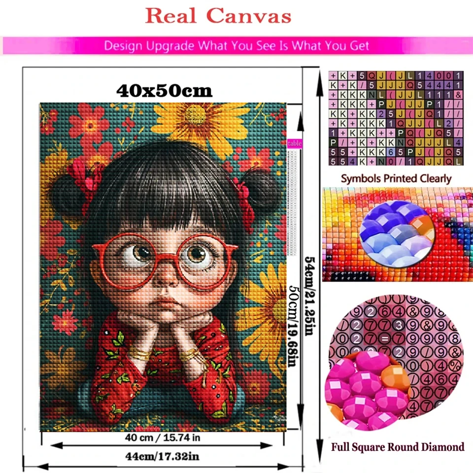 DIY Diamond Painting Cross stitch Cute Cartoon Girl Wearing Glasses  Mosaic Rhinestone Embroidery Kit Bedroom Wall Decor Gift