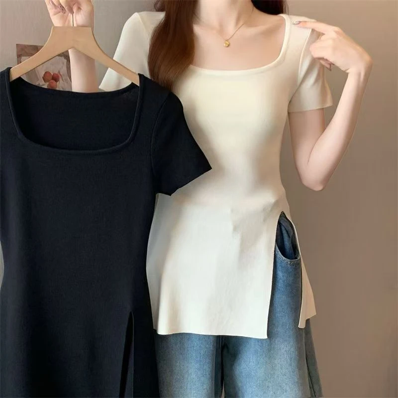 Large size women\'s fat mm summer new 2024 solid color fashion square collar knit shirt thin cover belly split shirt tide