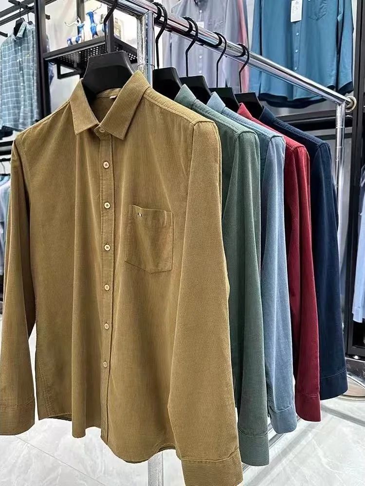 Corduroy Long Sleeve Shirt Men's Autumn New Style with Pocket Breathable Sweat Absorbent Anti-Wrinkle Youth Shirt Standard Fi...