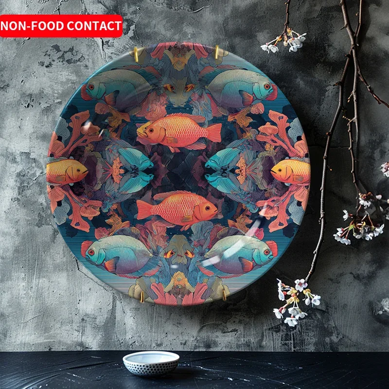 Minimalist Round Fish School Pattern Ceramic Decorative Plate, Wall Art Hanging Plate for Home Decor, Non-Food Contact Item