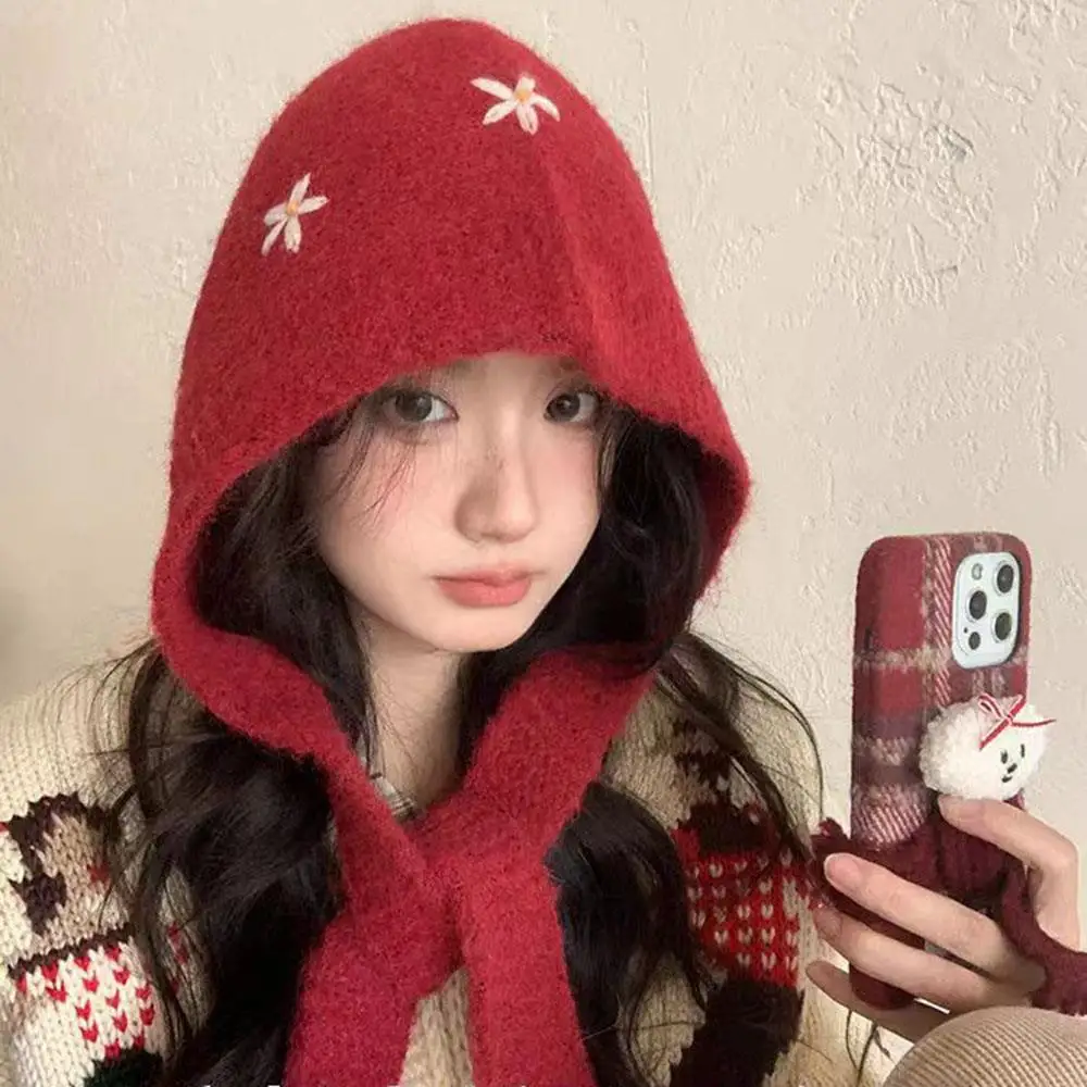 لطيف الحلو محبوك بالاكلافا قبعة الشتاء المطرزة زهرة قبعة قبعة للنساء سترة أنيقة على الموضة قبعة في الهواء الطلق الدانتيل متابعة مقنعين قبعات