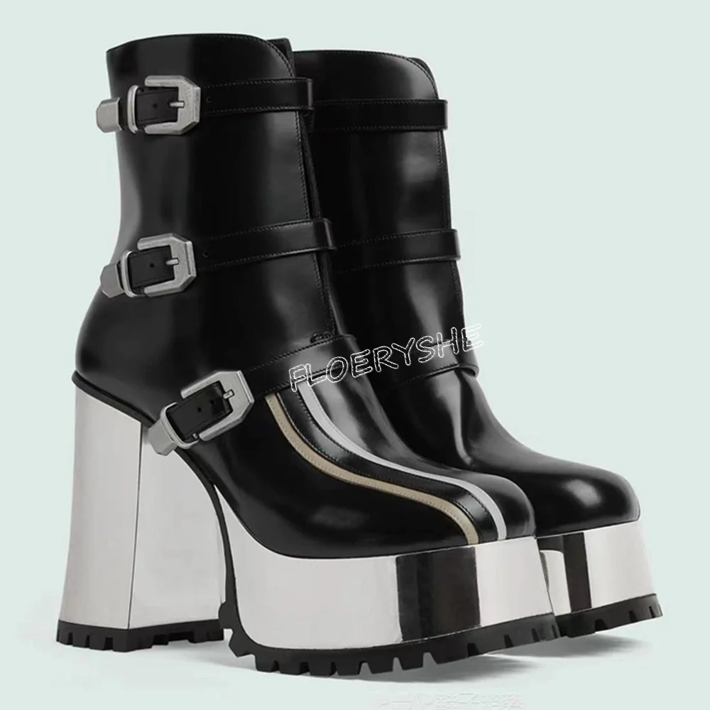 Black Leather Platform Ankle Boots New Arrival Mixed Colors Women Round Toe Buckle Chunky High Heel Party Autumn Winter Shoes