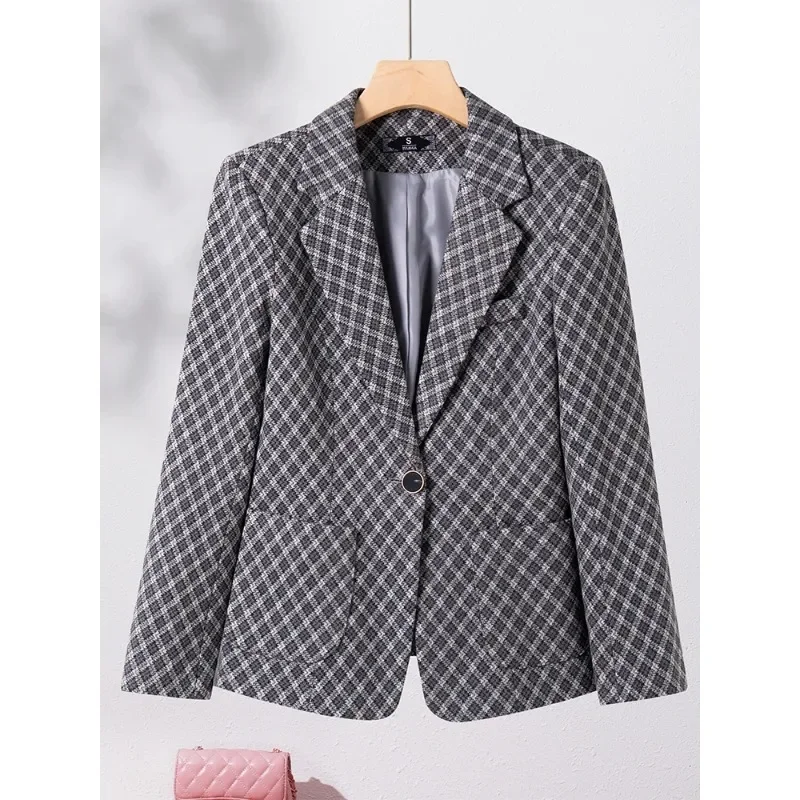 Green Gray Plaid Women Blazer Ladies Jacket Female Long Sleeve Single Button Casual Autumn Winter Coat With Pocket