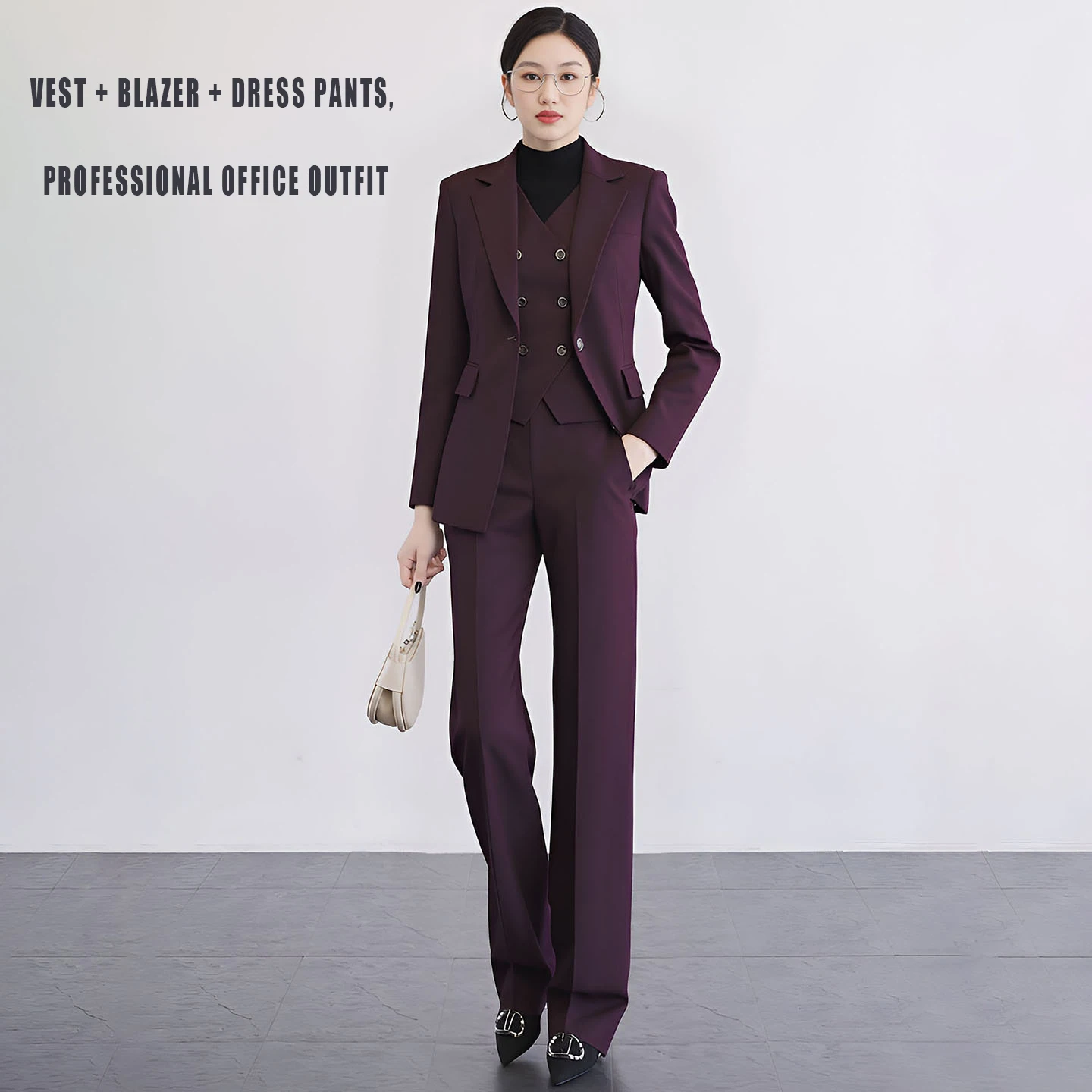 

Женский профессиональный костюм-тройка: фиолетовый жилет + пиджак + брюки, незаменимый элемент офисного гардероба