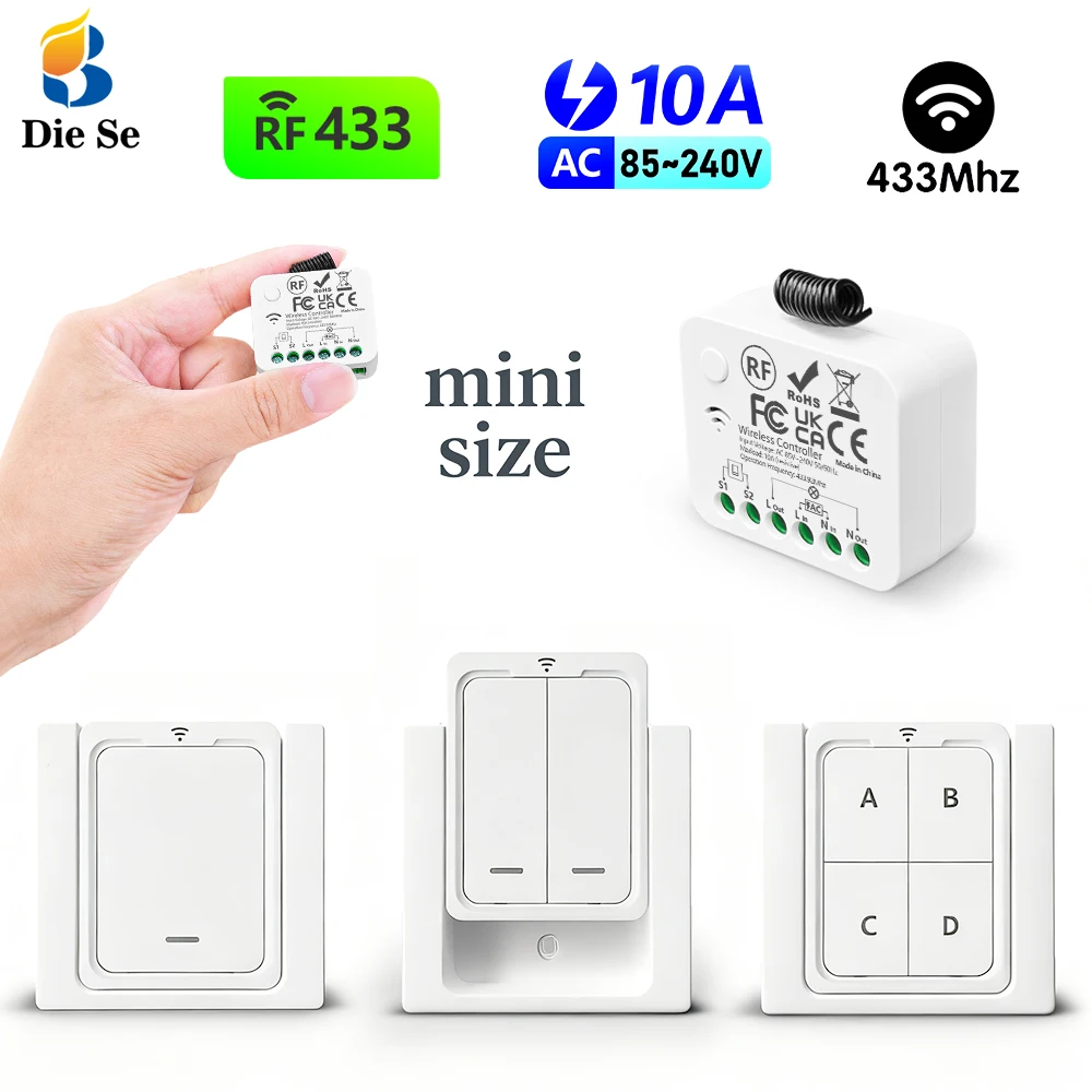 

433MHz Remote Control Switch 110V 220V Receiver With Push Button Switch and 86 Wireless Wall Switch Transmitter 50m for LED/Lamp
