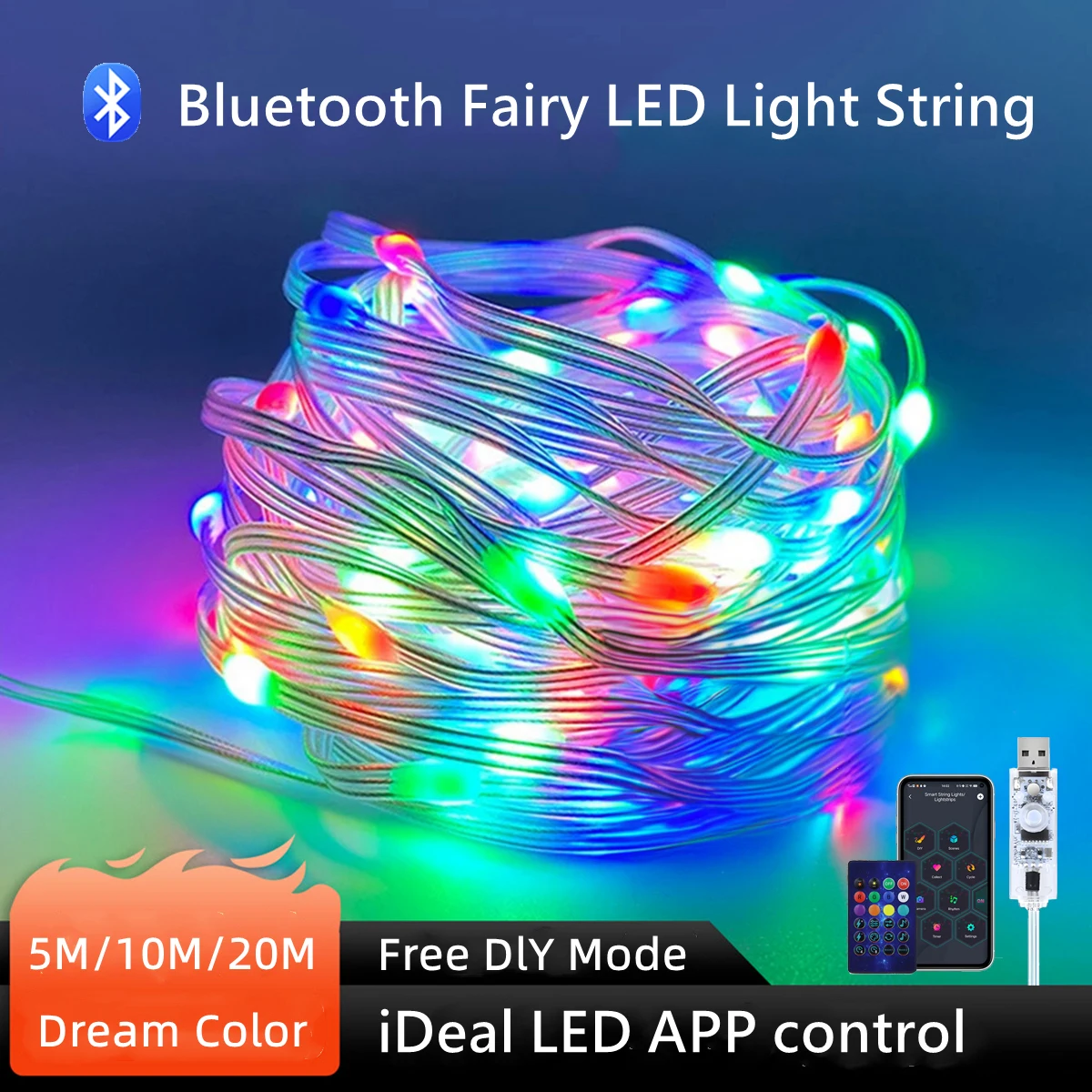 

20M 10M 5M Smart Bluetooth APP Control RGBIC LED String Fairy Color USB Powered,Remote Control DIY Festival Christmas Tree Light