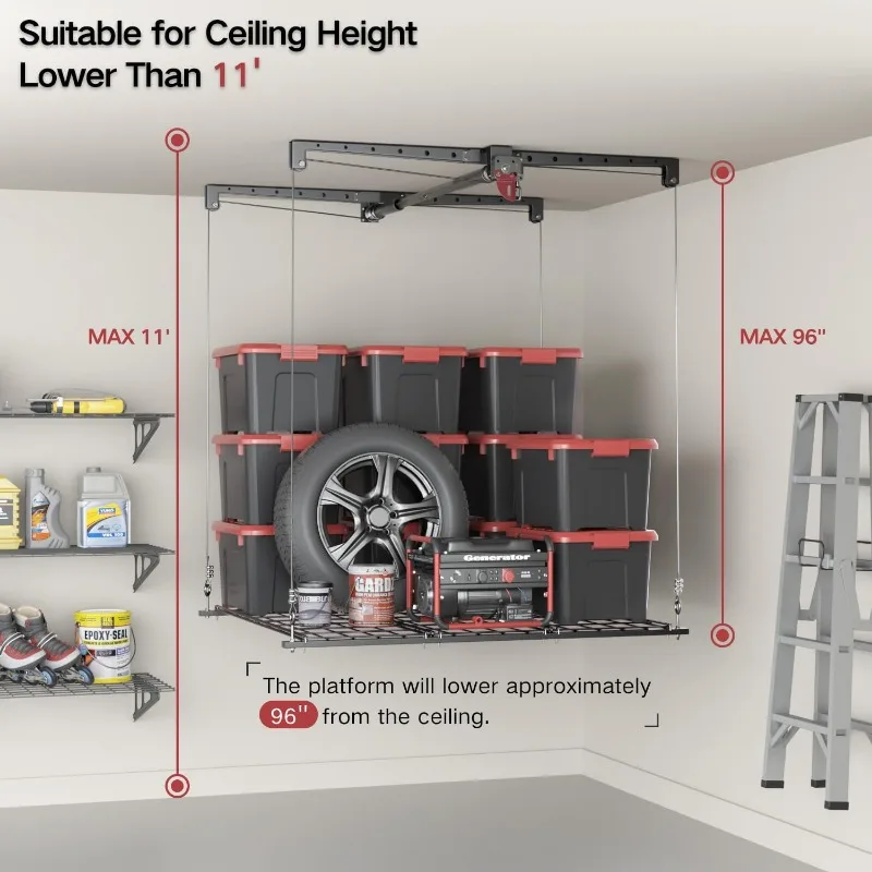 Overhead Ceiling Mounted Garage Storage Lift, Heavy-duty 4x4 Ft Garage Ceiling Storage Racks with Safety Lock, Ideal for Garage