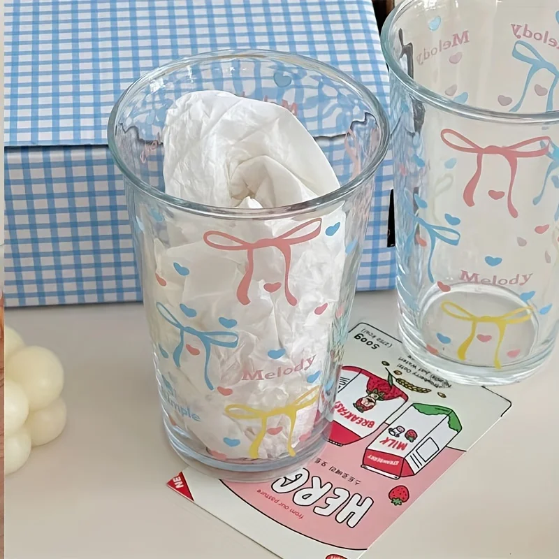 Cartoon Instagram style cute pink bow glass cup, girlish heart cold extract juice cup, milk coffee breakfast cup