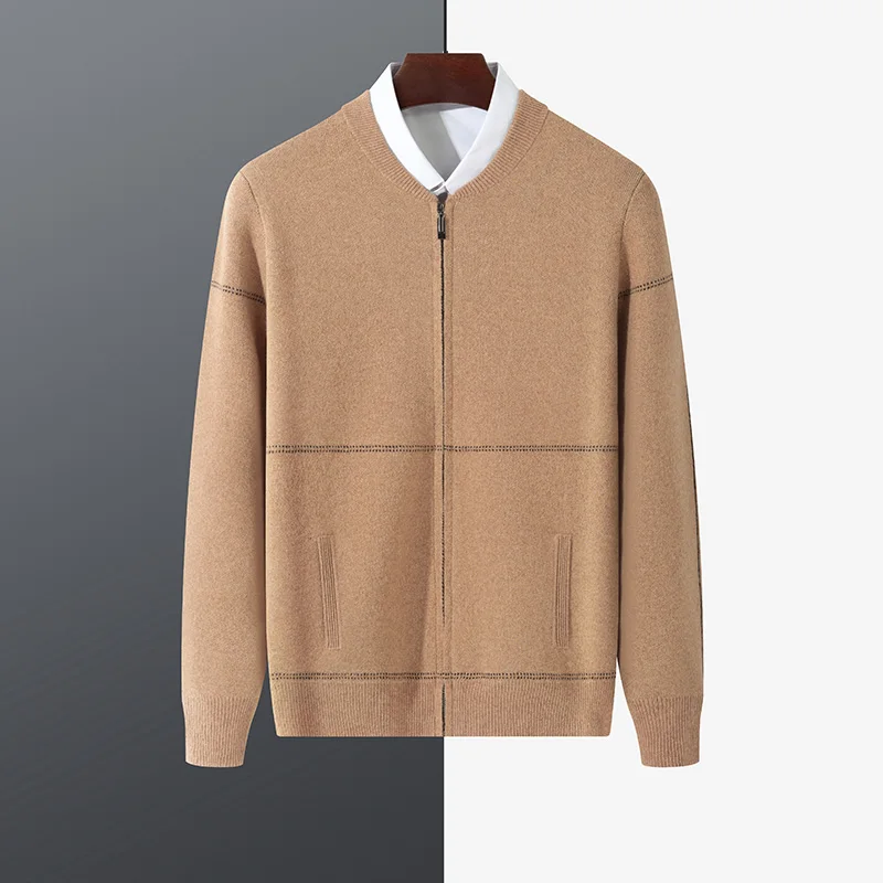 

Autumn And Winter 100% Wool Cardigan Men's Round Neck Solid Color Zipper Sweater Business Casual Padded Knit Bottoming Coat