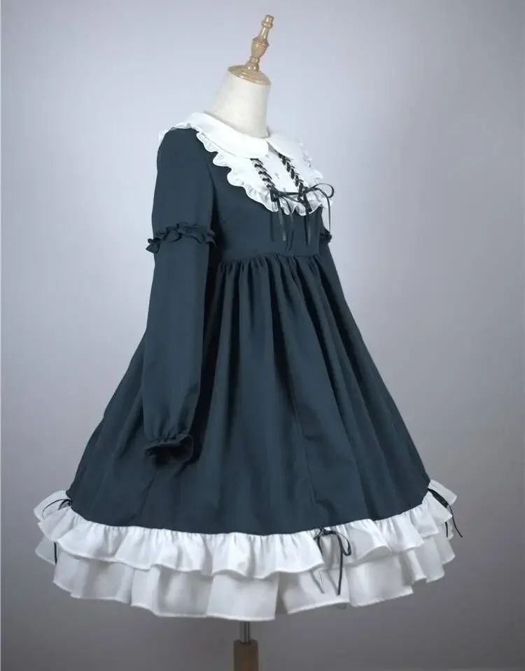 Coalfell Vintage Sweet Lolita Dress Gothic Ruffles Bow Knot Solid Color Victorian Dress Cosplay Lolita Dress